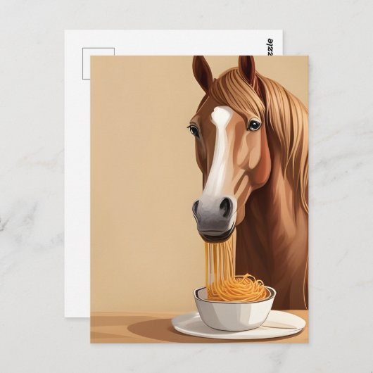 Carte Postale Le Cheval Mange Spaghetti (Devant / Derrière)