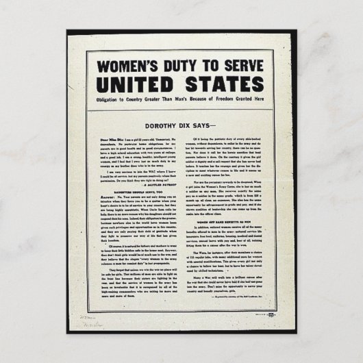 Carte Postale Le devoir des femmes de servir les États-Unis (Devant)