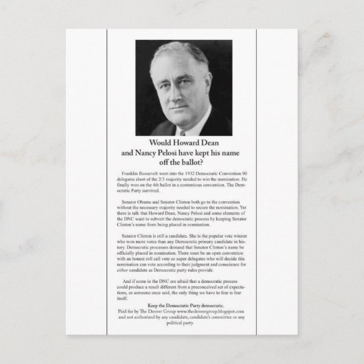 Carte Postale Le DNC aurait-il empêché le nom de FDR de voter ? (Devant)