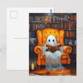 Carte Postale Le fantôme des livres | Cosy Halloween Library Scè (Devant / Derrière)