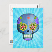 Carte Postale Le Jour des Morts Crâne de Sucre Bleu (Devant / Derrière)