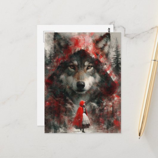 Carte Postale Le loup regarde sur le petit rouge (Devant/Arrière en situation)