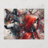 Carte Postale Le Loup Surveille Le Petit Grunge Rouge (Devant)
