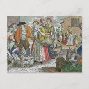 Carte Postale Le marché de la volaille (gravure colorée)
