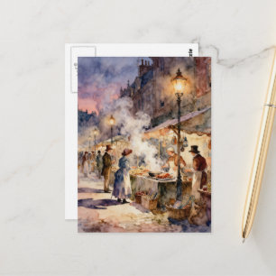 Carte Postale Le Marché Vintage Fantaisie Aquarelle
