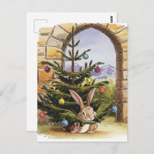 Carte Postale Le mignon lapin de Noël nibble l'arbre (Devant / Derrière)