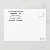 Carte Postale Le Monument de la Défense du Sud, Lac Charles, LA (Dos)