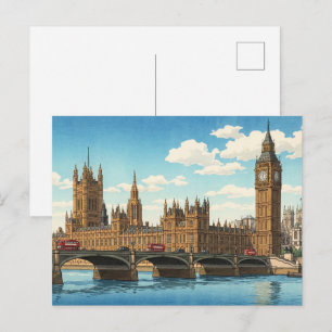 Carte Postale Le Palais de Westminster Gravure sur Bois Japonais
