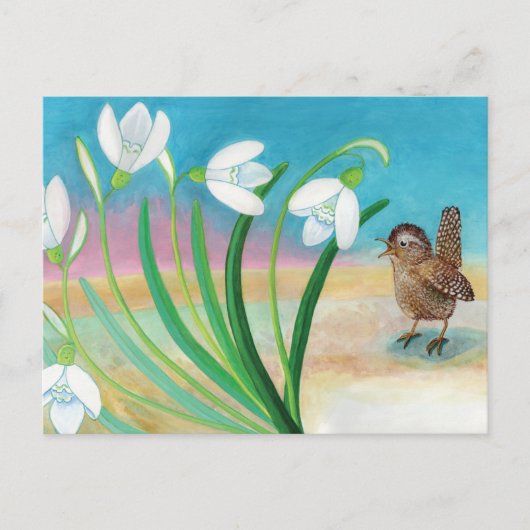 Carte Postale Le printemps arrive - Wren bird & snowdrops (Devant)