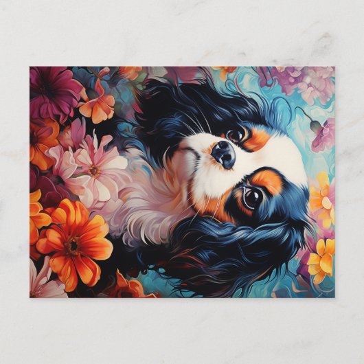 Carte Postale Le roi Cavalier Charles Spaniel en fleurs (Devant)