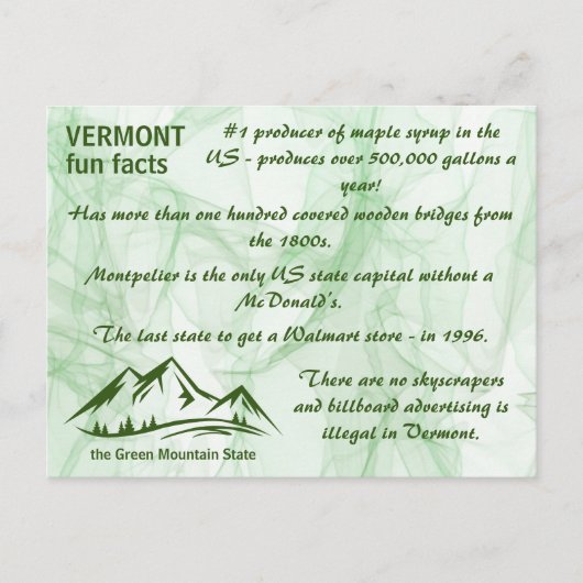 Carte Postale Le Vermont, les faits divertissants de Green Mount (Devant)