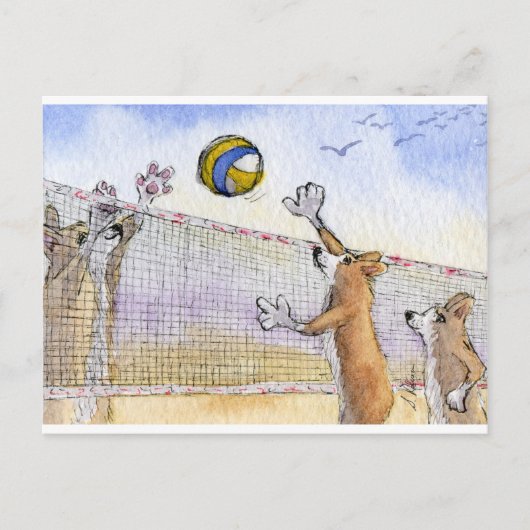 Carte Postale Le volley-ball de plage de Chien Corgi (Devant)