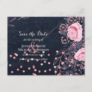 Carte Postale LeahG Denim Blue Rosegold rose Mariage floral
