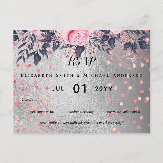 Carte Postale LeahG Silver Navy Rosegold PInk Floral Mariage (Devant)