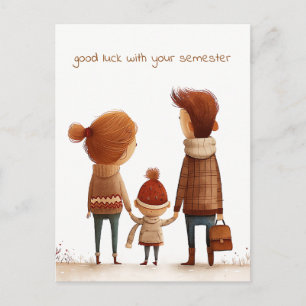 Carte Postale L'écolier tient les mains avec sa mère et son père