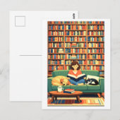 Carte Postale Lecture avec illustration de chat et de chien (Devant / Derrière)