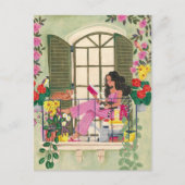 Carte Postale Lecture de filles sur le balcon d'été avec chats (Devant)