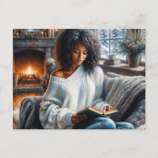 Carte Postale Lecture d'hiver Femme Noire Art Cosy