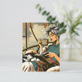 Carte Postale Lecture douce Lady avec café et chat (Debout devant)