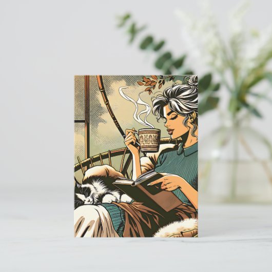 Carte Postale Lecture douce Lady avec café et chat (Debout devant)