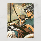 Carte Postale Lecture douce Lady avec café et chat (Devant)