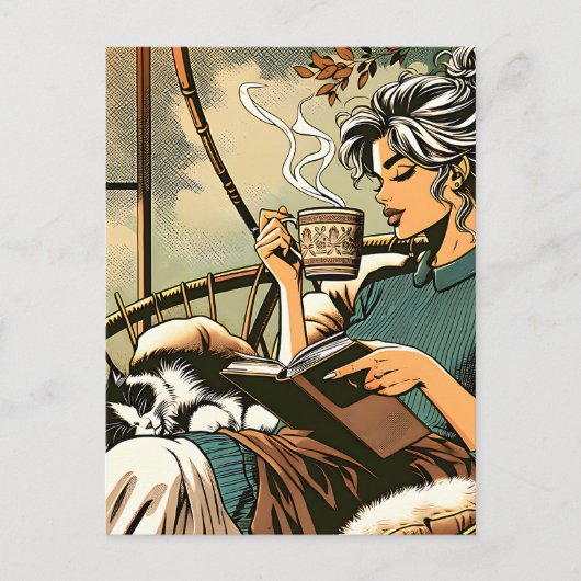 Carte Postale Lecture douce Lady avec café et chat (Devant)