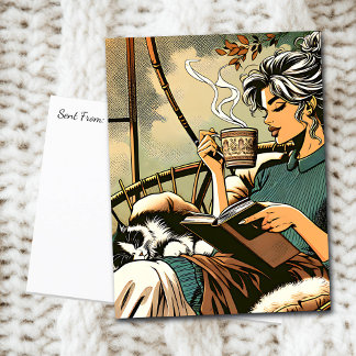 Carte Postale Lecture douce Lady avec café et chat