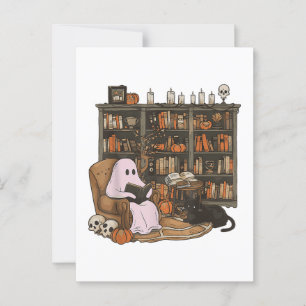 Carte Postale Lecture fantôme Livre amateur de chats Halloween 