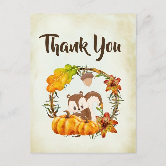 Carte Postale L'écureuil et le Citrouille tombent Merci rustique (Devant)