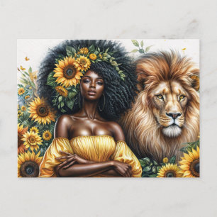 Carte Postale Leo Femme Noire Avec Thème Lion Tournesol