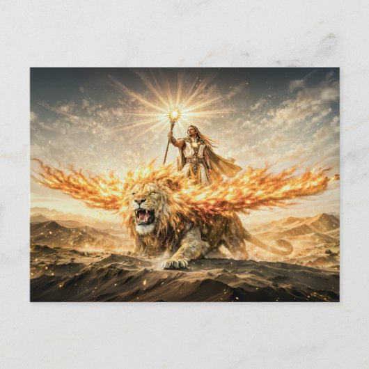 Carte Postale Leo Zodiac with Warrior Riding a Fiery Winged Lion (Devant)