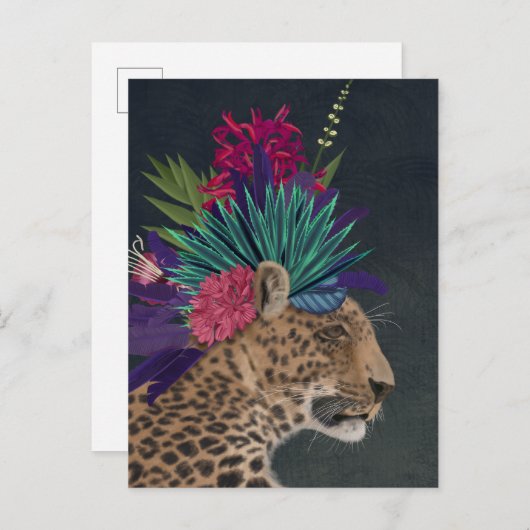 Carte Postale Leopard avec tête tropicale (Devant / Derrière)