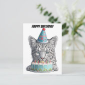 Carte Postale Léopard des neiges avec chapeau d'anniversaire (Debout devant)