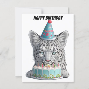 Carte Postale Léopard des neiges avec chapeau d'anniversaire