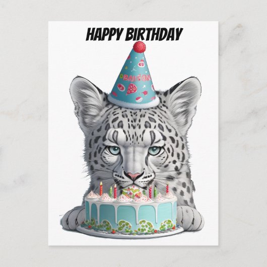 Carte Postale Léopard des neiges avec chapeau d'anniversaire (Devant)