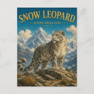 Carte Postale Léopard des neiges Hauts plateaux alpins aquarelle