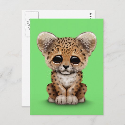 Carte Postale Léopard mignon CUB de bébé sur le vert (Devant / Derrière)