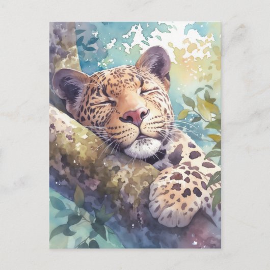 Carte Postale Leopard Resting on Tree Branch in Sunlit Forest (Devant)