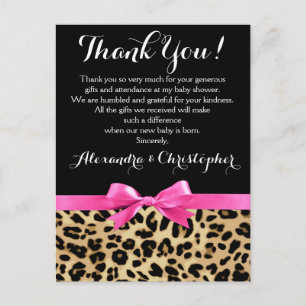 Carte Postale Leopard rose Bow Girl Safari Baby shower Merci