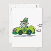 Carte Postale Leprechaun Conduit Une Voiture Verte (Devant / Derrière)