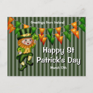 Carte Postale Leprechaun jig chanceux shamrock vert orange lapin