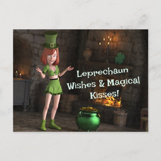 Carte Postale Leprechaun Toon Girl à côté du pot d'or (Devant)