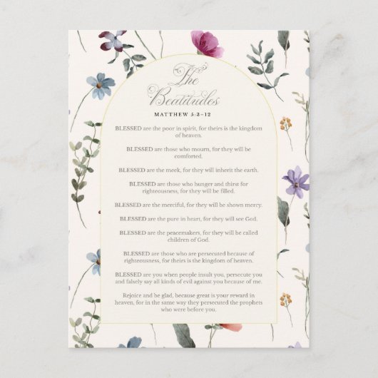 Carte Postale Les Béatitudes Matthieu 5:3–12 Écriture florale (Devant)