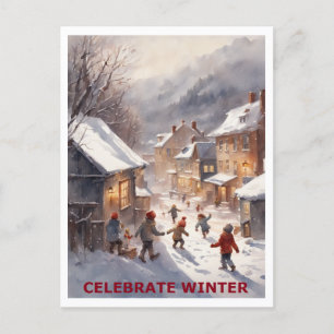 Carte Postale Les enfants célèbrent la neige hivernale