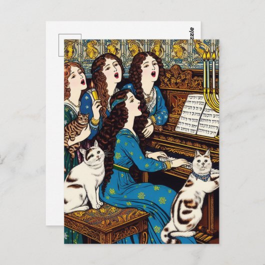 Carte Postale Les femmes et chats Hanoukah chantent autour du pi (Devant / Derrière)