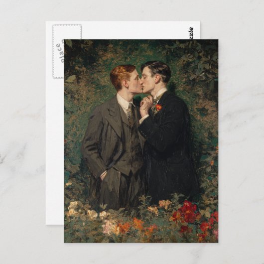 Carte Postale Les gays s'embrasser dans un jardin (Devant / Derrière)