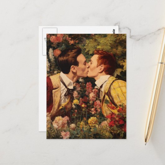 Carte Postale Les gays s'embrasser dans un jardin fleuri (Devant/Arrière en situation)