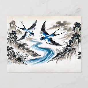Carte Postale Les hirondelles qui volent dans le ciel en encre c