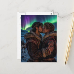 Carte Postale Les hommes gays s'embrassant sous les aurores boré