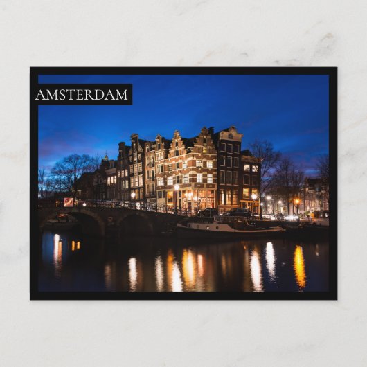 Carte Postale Les maisons du canal d'Amsterdam la nuit (Devant)